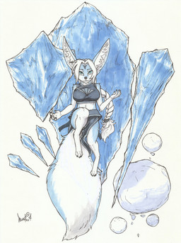 anthro big_ears big_tail blue_body blue_eyes blue_fur braided_hair breasts clothed clothing female floating forehead_gem fur gem hair ice looking_at_viewer powers simple_background small_body snow snowball solo tail white_body white_fur white_hair blokfort kalta_(blokfort) canid canine fennec_fox fox mammal true_fox 2025 absurd_res hi_res traditional_media_(artwork)