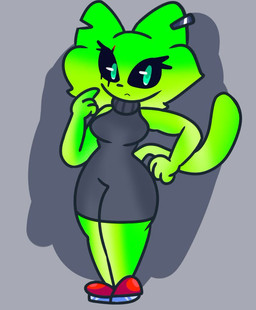 :< anthro black_sclera breasts clothing ear_piercing eyelashes female footwear fur gesture green_body green_eyes green_fur hand_gesture medium_breasts multicolored_body multicolored_fur piercing pointing pointing_at_self red_clothing red_footwear red_shoes scar shoes simple_background simple_coloring sleeveless_clothing solo standing sweater topwear chipiskully_zzz katy_(chipiskully) domestic_cat felid feline felis mammal 2025 colored digital_drawing_(artwork) digital_media_(artwork) full-length_portrait portrait