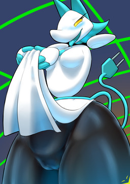 anthro blue_hair blush breasts camel_toe clothing female genitals hair leggings legwear machine plump_labia solo tight_clothing tongue tongue_out vulva wide_hips yellow_eyes dewstar_(artist) deltarune undertale_(series) tasque_manager darkner robot robot_anthro absurd_res hi_res