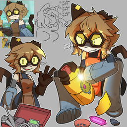 anthro apron arm_cannon armor biped black_nose blush bob_cut bodily_fluids boots bowl breasts brown_apron brown_clothing calculator cameo cannon clothing container crystal cute_fangs cybernetic_arm cybernetic_limb cybernetics duo eyewear eyewear_on_head fangs female female_focus focused food footwear freckles glasses gloves glowing_crystal goggles goggles_on_head greaves grey_background gun hair hair_grab handwear looking_at_viewer machine metal_boots multiple_poses mustard notched_ear open_mouth open_smile pale_skin pestering poking pose prodding pupils ranged_weapon repair sabatons screw screwdriver shoes simple_background sitting slit_pupils small_breasts smile smiling_at_viewer solo standing tail tears teeth tool_arm toolbox tools topwear touching_hair weapon welding welding_torch what whiskers wide_hips working yellow_clothing yellow_topwear saghaley gameoverse glitch_productions kit_bodega scratch_(gameoverse) cyborg domestic_cat felid feline felis mammal 1:1 absurd_res colored digital_drawing_(artwork) digital_media_(artwork) hi_res multiple_images reference_image shaded