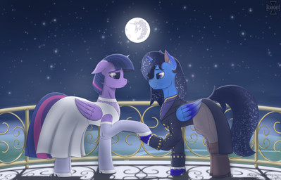 balcony clothing dress duo eye_contact female feral hoof_holding horn looking_at_another male male/female moon sky star starry_sky suit wings kreuz friendship_is_magic hasbro my_little_pony mythology blue_thunder twilight_sparkle_(mlp) equid equine mammal mythological_creature mythological_equine winged_unicorn absurd_res hi_res