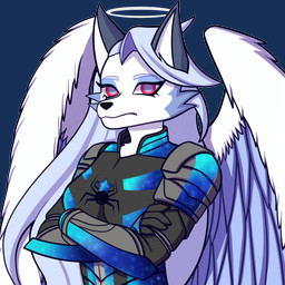 anthro armor blue_hair breasts crossed_arms eyelashes feathered_wings feathers female fur grey_body grey_fur hair halo long_eyelashes long_hair looking_at_viewer red_eyes solo white_body white_fur wings unknown_artist hellaverse helluva_boss loona_(helluva_boss) canid canid_angel canine canis mammal wolf 1:1 absurd_res alpha_channel colored hi_res