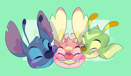 ambiguous_gender antennae_(anatomy) blue_body blue_eyes blue_fur blue_nose blush brown_nose dipstick_antennae disembodied_head ear_markings eyes_closed face_squish facial_markings forehead_markings fur green_background green_body green_fur group head_markings head_tuft heart_symbol markings multicolored_antennae notched_ear open_mouth open_smile pink_body pink_fur pink_nose simple_background smile squish tongue trio tuft yellow_inner_ear yellow_markings yellow_tongue majorpiece disney lilo_and_stitch bonnie_(lilo_and_stitch) fan_character pheobe_(eeriecipher) stitch_(lilo_and_stitch) alien experiment_(lilo_and_stitch) 2022 absurd_res digital_drawing_(artwork) digital_media_(artwork) hi_res female_(lore) male_(lore)