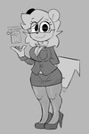 anthro big_breasts bottomwear breasts clothed clothing female footwear fur hair high_heels shoes simple_background smile solo tail topwear buxy nano_(buxy) mammal rodent sciurid tree_squirrel 2023 absurd_res digital_drawing_(artwork) digital_media_(artwork) greyscale hi_res monochrome