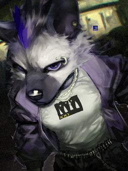 anthro clothed clothing collar eyebrow_piercing facial_piercing fur grey_body grey_fur hair jacket looking_at_viewer male multicolored_hair open_clothing piercing shirt solo t-shirt topwear tuft two_tone_hair zenonsenn arknights hypergryph studio_montagne spot_(arknights) hyena mammal spotted_hyena 2025 3:4 absurd_res hi_res