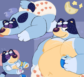 anthro areola ass_up bag belly beverage beverage_can big_belly big_butt big_moobs blep blue_background bubble_butt butt can chips_(food) clothed clothing container crescent_moon eyebrows eyes_closed food fur heart_clothing heart_symbol heart_underwear holding_beverage holding_can holding_container holding_object junk_food lying male moobs moon narrowed_eyes nipples on_back on_front overweight overweight_anthro overweight_male pattern_clothing pattern_underwear pawpads pillow simple_background sleeping smile soda solo sound_effects standing star thick_arms thick_thighs tongue tongue_out toony topless topless_anthro topless_male tuft underwear underwear_only vowelless vowelless_sound_effect zzz blumpy bluey_(series) bandit_heeler australian_cattle_dog canid canine canis cattledog domestic_dog herding_dog mammal pastoral_dog 2025 hi_res