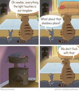 4_panel_comic >:( age_difference ambient_death ambiguous_gender angry brown_body cat_toy corner curtains death dialogue evil_look feral floor furniture grey_body markings miserable occult_symbol pentagram pillow profanity red_sclera rug shadow skull_print sofa spots spotted_markings striped_back striped_legs striped_markings striped_tail stripes symbol tail tail_markings tan_body text whiskers white_body yellow_sclera pizzacakecomic disney pizzacake the_lion_king honey_(pizzacake) jade_(pizzacake) sandy_(pizzacake) calico_cat domestic_cat felid feline felis mammal mouse murid murine rodent tabby_cat comic english_text hi_res