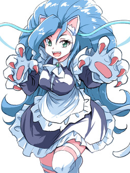 animal_ears apron big_hands blue_hair breasts claws clothing dress eyelashes fangs female frilly frilly_clothing fur green_eyes hair handpaw hands_up long_hair looking_at_viewer maid_apron maid_uniform medium_breasts nails open_mouth open_smile paws sharp_nails simple_background smile solo tail teeth uniform upper_teeth white_background white_body white_fur ikaringo4444 capcom darkstalkers felicia_(darkstalkers) animal_humanoid felid felid_humanoid feline feline_humanoid humanoid mammal mammal_humanoid 2026 3:4 absurd_res digital_drawing_(artwork) digital_media_(artwork) hi_res