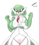 big_breasts blush breast_grab breasts butt butt_from_the_front disembodied_hand duo eyelashes featureless_crotch female green_body green_hair hair hand_on_breast huge_breasts red_eyes simple_background solo_focus thick_thighs white_background white_body wide_hips killer._ez nintendo pokemon gardevoir generation_3_pokemon humanoid pokemon_(species) absurd_res hi_res