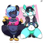 1:1 anthro belly big_breasts blu_(bludoe) blue_hair bodily_noises bottomwear breasts bulge cleavage clothed clothing collar controller crop_top deer detailed_bulge digital_media_(artwork) domestic_ferret duo ear_piercing emmy_dook female femboy game_controller hair hi_res holding_controller holding_game_controller holding_object hungry looking_down male mammal mustelid musteline navel oblivious onomatopoeia piercing potbelly rumbling_stomach shirt shorts slightly_chubby sound_effects spiked_collar spikes squealydealy surprise text topwear true_musteline vowelless vowelless_sound_effect weasel white_hair wide_eyed wireless_controller