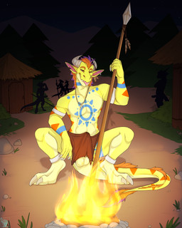 anthro balls blep bodily_fluids bottomwear campfire claws clothed clothing crotch_apron detailed_background ear_piercing erection exposed fire fur genital_fluids genitals grass hair horn hut ineffective_clothing ineffective_loincloth jewelry loincloth looking_at_viewer male melee_weapon muscular muscular_anthro muscular_male narrowed_eyes necklace night outside penis piercing plant polearm precum precum_through_clothing rock smile solo_focus spear tail tattoo tenting toe_claws tongue tongue_out topless topless_male tree tribal tribe weapon wet wet_clothing conditional_dnp electroporn mythology alcitron background_character dragon earth_dragon mythological_creature mythological_scalie scalie 2021 4:5 digital_media_(artwork) hi_res