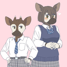 anthro asian_clothing clothed clothing duo east_asian_clothing female heart_symbol horizontal_pupils horn japanese_clothing japanese_school_uniform kemono male necktie ossicone pupils school_uniform uniform ekaki510 giraffid mammal okapi 1:1