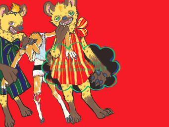 anthro blood bodily_fluids claws clothed clothing dress female fur gore horn predator/prey red_background shirt simple_background smile spots teeth text topwear kyokyota antelope bovid caprine gazelle hyena mammal spotted_hyena 2019 absurd_res english_text hi_res