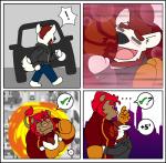 anthro anthro_on_anthro beard canid canine canis car clothing comic dialogue duo facial_hair felid lion male male/male mammal muscular pantherine pictographics rubberbuns vehicle wildfire_(rubberbuns) wolf