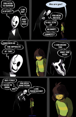 adolescent age_difference ambiguous_gender black_background bottomwear brown_hair clothing covered_eyes dialogue duo facial_scar floating hair hair_over_eyes larger_humanoid older_humanoid one_eye_closed pants question_mark robe scar shirt simple_background size_difference smaller_human smile speech_bubble talking_to_another text topwear void_background young younger_human lynxgriffin deltarune undertale undertale_(series) gaster kris_dreemurr human humanoid mammal comic english_text hi_res