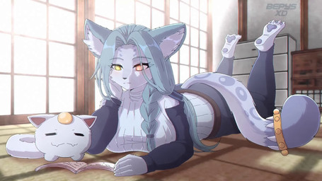 accessory ambiguous_gender anthro barefoot big_breasts blue_body blue_fur book braided_hair breasts clothed clothing duo eyebrows eyelashes feet female fully_clothed fur furgonomics hair inner_ear_fluff inside lying markings on_front pawpads reading reading_book soles spots spotted_body spotted_fur sweater tail tail_accessory tailband text topwear tuft yellow_eyes bepysxd felid mammal pantherine snow_leopard 16:9 2026 2d_animation animated artist_name hi_res loop no_sound seamless_loop short_playtime video widescreen