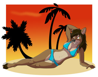 anthro beach breasts cloud detailed_background female hair hooves outside palm_tree plant sand seaside sky solo summer sunbathing sunset tree yellow_eyes fcsimba deer mammal 2014
