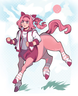 clothed clothed_female clothed_taur clothing female fingerless_gloves footwear gloves hair handwear jacket legwear pattern_clothing pattern_footwear pattern_legwear pattern_socks pink_body pink_clothing pink_eyes pink_gloves pink_hair pink_handwear quadruped socks solo star_eyes striped_clothing striped_footwear striped_socks stripes taur_clothing taurified topwear white_clothing white_jacket white_topwear catmunches cygames european_mythology greek_mythology mythology uma_musume_pretty_derby haru_urara_(pretty_derby) centaur equid equid_taur humanoid_taur mammal mammal_taur taur hi_res
