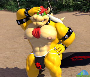 anthro armband beach beach_towel big_bulge big_muscles big_pecs body_hair bowser_logo bulge chest_hair claws clothing green_body green_scales hair hand_on_hair hand_on_head hand_on_hip horn jewelry jockstrap looking_at_viewer male muscular muscular_male necklace nipples palm_tree pecs plant red_eyes red_hair scales shell smile smiling_at_viewer solo standing tan_body tan_scales towel tree underwear wide_hips yellow_body yellow_scales albalbalb mario_bros nintendo bowser koopa scalie 2025 3d_(artwork) digital_media_(artwork) watermark