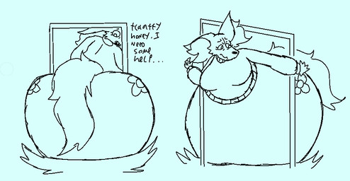 anthro big_butt butt butt_stuck clothing female huge_butt hyper hyper_butt inner_ear_fluff mature_female rear_view solo stuck stuck_in_door sweater tail topwear tuft two_angles yumeship skyhighbaa movieunleashers nintendo pokemon delphox_(movieunleashers) canid canine delphox fennec_fox fox generation_6_pokemon mammal pokemon_(species) true_fox black_and_blue digital_drawing_(artwork) digital_media_(artwork) monochrome sketch