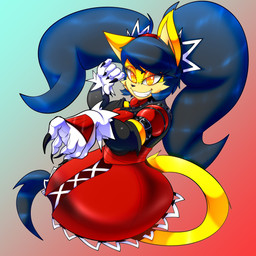 5_fingers anthro black_hair black_nose black_tail_tip breasts claws clothing dipstick_tail dress eyelashes eyeshadow female female_anthro fighting_pose fingers fur gradient_background grin hair half-closed_eyes makeup markings narrowed_eyes pose purple_eyeshadow red_clothing red_dress simple_background smile solo standing tail tail_markings twintails_(hairstyle) yellow_body yellow_fur randomgloves sega sonic_the_fighters sonic_the_hedgehog_(series) honey_the_cat domestic_cat felid feline felis mammal 1:1 hi_res
