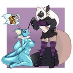 anthro bottomwear breasts clothed clothed/nude clothing collar duo female female/female footwear hand_on_breast high_heels hoodie ibukibunni latex leash nipples nude shoes skirt topwear nintendo pokemon canid canine eeveelution generation_1_pokemon mammal pokemon_(species) vaporeon hi_res