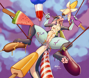 andromorph anthro banana blue_body bound candy candy_cane chocolate corndog dessert eggplant female food food_fetish food_play fruit genitals horn intersex melon messy pawpads paws plant popsicle popsicle_melting rope solo spread_legs spreading sprinkles submissive submissive_female suggestive suggestive_food tail vulva watermelon watermelon_slice antiroo mythology silvia_(pullmytail) dragon mythological_creature mythological_scalie scalie digital_media_(artwork) shaded