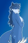 anthro biped black_outline blue_body blue_eyes blue_fur breasts female fur hair nude outer_highlight outline shy side_boob side_view solo standing wavy_hair white_outline silverbunny canid canine canis mammal wolf digital_media_(artwork) portrait three-quarter_portrait