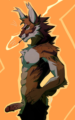 abs anthro armpit_hair balls barbed_humanoid_penis body_hair butt chest_tuft clothed clothing countershade_balls countershade_butt countershade_face countershade_genitalia countershade_torso countershading erection genitals humanoid_genitalia humanoid_penis hybrid_genitalia hybrid_penis looking_at_viewer male muscular muscular_anthro muscular_male neck_tuft nipples penile_spines penis pubes side_view simple_background smoking solo tail teeth topless topless_anthro topless_male tuft heromule nyx_(diukniuk) felid feline lynx mammal 2023 hi_res