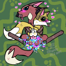 animal_genitalia animal_vulva anus backsack balls blue_eyes bodily_fluids brown_body brown_fur butt canine_genitalia canine_vulva colored_cum cum cum_in_vagina cum_inside duo ejaculation female feral fur genital_fluids genitals glistening glistening_balls glistening_genitalia green_eyes heart_symbol knot knotted_penis knotting larger_female long_legs lying male male/female messy on_back pawpads paws penis size_difference slim smaller_male spread_legs spreading tall tongue tongue_out unusual_bodily_fluids unusual_cum unusual_genital_fluids vulva yellow_body yellow_fur blizzate animal_jam wildworks canid canine fox mammal maned_wolf low_res