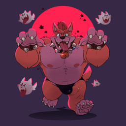 anthro bodily_fluids bracelet bulge claws clothing collar drooling hair holidays jewelry looking_at_viewer male musclegut muscular muscular_anthro muscular_male navel nipples open_mouth open_smile overweight overweight_anthro overweight_male pawpads red_hair running running_towards_viewer saliva simple_background smile solo speedo spiked_bracelet spiked_collar spikes swimwear toe_claws tongue tongue_out kiba24 halloween mario_bros mythology nintendo super_mario_3d_world bowser meowser boo_(mario) canid canine ghost koopa mammal mythological_canine mythological_creature scalie spirit werecanid werecanine werecreature werewolf 1:1 hi_res