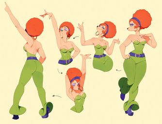 5_fingers afro anthro bare_back bare_shoulders belt blue_clothing blue_eyeshadow blue_footwear blue_high_heels bodysuit breasts butt cleavage clothed clothing dancing ear_piercing ear_ring eyebrows eyelashes eyes_closed eyeshadow female fingers footwear fully_clothed green_bodysuit green_clothing green_skinsuit hair high_heels hoop_ear_ring looking_at_viewer makeup medium_breasts multiple_poses orange_hair piercing pose ring_piercing shoes short_hair skinsuit small_waist solo standing tight_clothing wide_hips punipaws disney goof_troop sylvia_marpole canid canine canis domestic_dog mammal 2026 hi_res