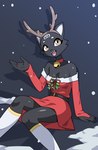 anthro black_body black_fur breasts brown_eyes clothing cute_fangs fake_antlers fake_horns fangs female fur holidays legwear open_mouth simple_background snow snowing solo teeth tongue nulia christmas tarahe domestic_cat felid feline felis mammal 2023 hi_res