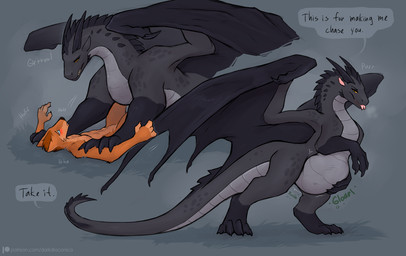 abdominal_bulge abs angry anthro anthro_prey athletic black_body black_scales blue_eyes blush bodily_fluids dialogue duo eye_contact female female_pred feral feral_pred fur hand_on_arm hand_on_belly long_neck looking_at_another male male/female male_prey membrane_(anatomy) membranous_wings neck_spikes nude on_hind_legs orange_body orange_fur pecs pinned pinned_by_hand pinned_to_ground rumbling_stomach scales simple_background speech_bubble sweat tail text tongue tongue_out ventral_scales vore wings yellow_eyes darkdraconica european_mythology mythology darky_(darkdraconica) dave_(darkdraconica) canid canine dragon fox mammal mythological_creature mythological_scalie scalie western_dragon 2026 digital_media_(artwork) english_text hi_res url