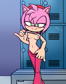 accessory anthro bare_hands bench bodily_fluids bottomwear bottomwear_pull bra breasts clothed clothing clothing_lift clothing_pull female flashing flashing_breasts fur green_eyes hair_accessory hairband locker_room nipples pants pants_pull partially_clothed pink_body pink_fur shirt shirt_lift solo sports_bra sportswear sweat teasing teasing_viewer topwear underwear notsafeforcurt sega sonic_the_hedgehog_(series) amy_rose eulipotyphlan hedgehog mammal hi_res
