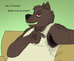 anthro armpit_fetish armpit_hair black_eyes black_nose bodily_fluids body_hair brown_body brown_fur clothed clothing dialogue facial_hair fangs fingers fur furniture gesture green_background hairy half-closed_eyes hand_gesture looking_at_viewer male male_anthro monotone_body musk narrowed_eyes overweight overweight_anthro overweight_male profanity red_eyes shirt simple_background sitting slightly_chubby smile sofa solo sweat sweaty_armpit sweaty_armpit_hair talking_to_viewer tank_top teeth text topwear white_clothing white_shirt white_topwear stinkdyde werewolf_jones canid canine canis mammal wolf english_text