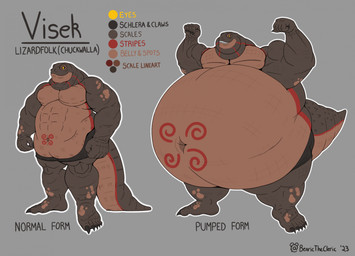 abs anthro belly big_belly black_claws black_text brown_body brown_scales brown_text claws color_swatch finger_claws flexing flexing_bicep flexing_both_biceps grey_background grey_body grey_scales grey_text huge_belly humanoid_hands male navel obese obese_anthro obese_male outline overweight overweight_anthro overweight_male pecs plantigrade red_text scales simple_background solo standing tail text toe_claws white_outline yellow_text bearicthecleric chuckwalla iguanid lizard lizardman reptile scalie 2023 character_name digital_drawing_(artwork) digital_media_(artwork) english_text flat_colors handwritten_text hi_res model_sheet