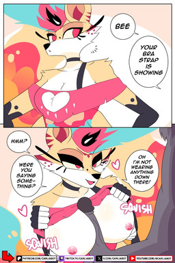 4_arms anthro anthro_on_anthro areola big_breasts black_body black_fur black_glans black_penis blue_hair bra_strap breast_play breasts duo eyebrows eyelashes female fingers fur genitals glans hair long_eyelashes male male/female multi_arm multi_limb multicolored_hair nipples penis pink_areola pink_eyes pink_hair pink_nipples sex text titfuck yellow_body yellow_fur yellow_sclera carliabot bra_strap_showing_(meme) hellaverse helluva_boss mythology queen_bee-lzebub_(helluva_boss) vortex_(helluva_boss) canid canid_demon canine demon fox hellhound hybrid mammal mythological_canine mythological_creature 2026 2:3 comic english_text hi_res meme url