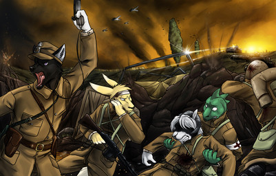 anthro bared_teeth battlefield black_body black_fur black_nose blood blue_eyes bodily_fluids bottomwear brown_bottomwear brown_clothing brown_pants brown_topwear clothed clothing dipstick_ears ear_markings fangs fight fur green_body group gun holding_another holding_gun holding_object holding_ranged_weapon holding_weapon male male_anthro mouth_closed multicolored_ears narrowed_eyes open_mouth outside pants purple_eyes ranged_weapon red_tongue teeth tongue topwear weapon white_body white_fur yellow_body yellow_fur solaxe_(artist) mythology solaxe varenvel bovid canid canine caprine dragon kangaroo macropod mammal marsupial mythological_creature mythological_scalie scalie sheep