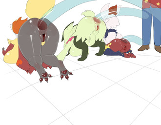 3_fingers abdominal_bulge all_fours anal anal_fluids anal_fluids_on_butt anal_penetration animal_ears anus arm_tuft ass_up big_breasts black_body black_skin blonde_pubes bodily_fluids breasts butt claws female fingers fluffy fluffy_tail fur gaping gaping_anus gaping_vagina genitals glistening glistening_body glistening_breasts glistening_butt green_body green_ears green_fur green_inner_ear_fluff green_pubes green_tail group hair head_tuft huge_breasts inner_ear_fluff interspecies kneeling large_penetration lying mask neck_tuft nude object_in_ass on_front orange_inner_ear_fluff pawpads paws penetration pokemorph pokephilia pubes pubic_fuzz rear_view red_body red_fur red_hair red_pawpads red_pubes red_skin scut_tail sex_toy sex_toy_in_ass sex_toy_insertion short_tail shoulder_tuft simple_background snout tail transparent_sex_toy trio tuft vulva white_body white_ears white_face white_fur white_tail yellow_body yellow_fur yellow_tail skeleton265 nintendo pokemon cinderace delphox generation_6_pokemon generation_8_pokemon generation_9_pokemon meowscarada pokemon_(species) 2026 hi_res