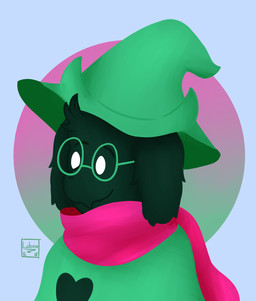 anthro black_body black_fur clothed clothing eyewear fur glasses hat headgear headwear male scarf simple_background smile solo lubanart deltarune undertale_(series) ralsei bovid caprine darkner goat mammal 2018 digital_media_(artwork) hi_res