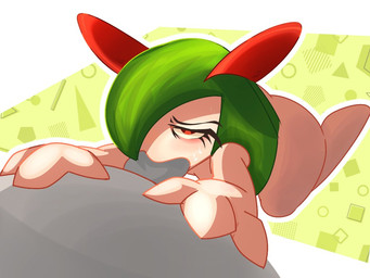 3_fingers big_butt blush butt duo eyelashes fellatio female fingers genitals green_background green_hair hair hair_over_eye kneeling male male/female oral pattern_background penile penis red_eyes sex short_hair simple_background thick_thighs white_background wide_hips clussy_fan nintendo pokemon generation_3_pokemon humanoid kirlia pokemon_(species) 4:3