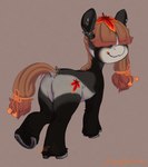 accessory black_body dock_(anatomy) female feral grey_body hair hair_accessory hair_over_eyes hooves horseshoe inner_ear_fluff leaf looking_back smile solo tail tuft white_body zephyrsplume hasbro my_little_pony fan_character earth_pony equid equine horse mammal pony hi_res