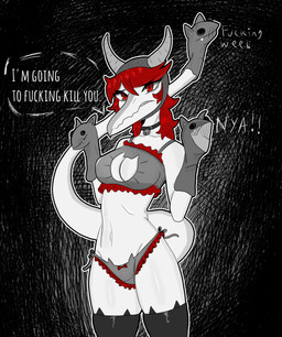 abstract_background angry anthro bell bell_collar black_clothing black_legwear black_thigh_highs bra breasts cleavage_cutout clenched_teeth clothed clothed_anthro clothed_female clothing collar cutout dialogue fake_horns female frilly frilly_bra frilly_clothing frilly_panties frilly_underwear front_view frown hair latex latex_clothing latex_legwear latex_thigh_highs legwear long_hair long_tail looking_at_viewer medium_breasts navel non-mammal_breasts non-mammal_navel panties paw_pose pose profanity puppet red_eyes red_hair skimpy solo speech_bubble tail talking_to_viewer teeth text thigh_highs threatening threatening_viewer underwear white_body gothgator0 cavemanon_studios puppet_pals snoot_game schizo_chan_(snoot_game) compsognathid compsognathus dinosaur prehistoric_species reptile saurischian scalie theropod absurd_res english_text hi_res portrait restricted_palette three-quarter_portrait