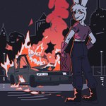 ambiguous_gender anthro arson car clothing fence fire gloves handwear jerrycan latex latex_clothing latex_gloves latex_handwear looking_back midriff night rear_view red_eyes shirt skyline smile smoke solo street_lamp t-shirt topwear vehicle white_body brain_d0g lagomorph leporid mammal rabbit 1:1 hi_res
