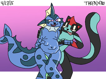 after_anal after_sex bedroom_eyes black_body blue_body blue_fur egg female fur hand_holding hand_on_shoulder inflation intersex looking_at_another narrowed_eyes oviposition seductive theenyface nintendo pokemon fan_character mya_(nm) showers_the_vaporeon eeveelution generation_1_pokemon pokemon_(species) vaporeon andromorph_(lore)