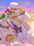 anthro belly big_belly blush bodily_fluids bottomwear bow_tie clothing hat headgear headwear humanoid_hands kemono male outside overweight overweight_male pants shirt sitting solo suit sweat topwear emufu mario_bros nintendo bowser koopa scalie 2022 hi_res