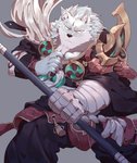 anthro beard biped black_nose bottomwear clothed clothing facial_hair fur grey_background grey_body grey_fur hand_wraps holding_mace holding_object holding_weapon humanoid_hands mace male melee_weapon shoulder_guards simple_background solo weapon wraps guojun2333 sdorica law_(sdorica) canid canine canis mammal wolf 2020 absurd_res hi_res