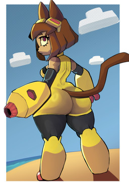 anthro arm_cannon armor beach big_butt breasts brown_body brown_fur brown_hair butt clothed clothing cloud eyewear eyewear_on_head female fur goggles goggles_on_head hair huge_butt looking_at_viewer looking_back simple_background solo standing tail thick_thighs weapon weapon_arm astralc0de gameoverse glitch_productions kit_bodega domestic_cat felid feline felis mammal 2026 absurd_res digital_media_(artwork) hi_res