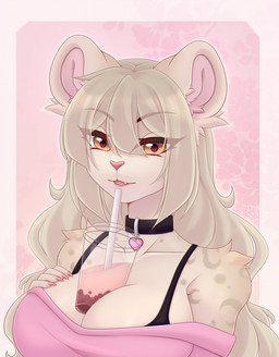 anthro bangs between_breasts beverage big_breasts blonde_hair bra_strap breasts bubble_tea collar collarbone colored_nails eyelashes female fur hair hand_on_breast long_hair long_sleeve_shirt looking_at_viewer markings nails open_mouth orange_eyes pink_nails pink_nose round_ears simple_background solo spots spotted_body spotted_fur tan_body tan_fur beta_tata felid mammal pantherine snow_leopard hi_res